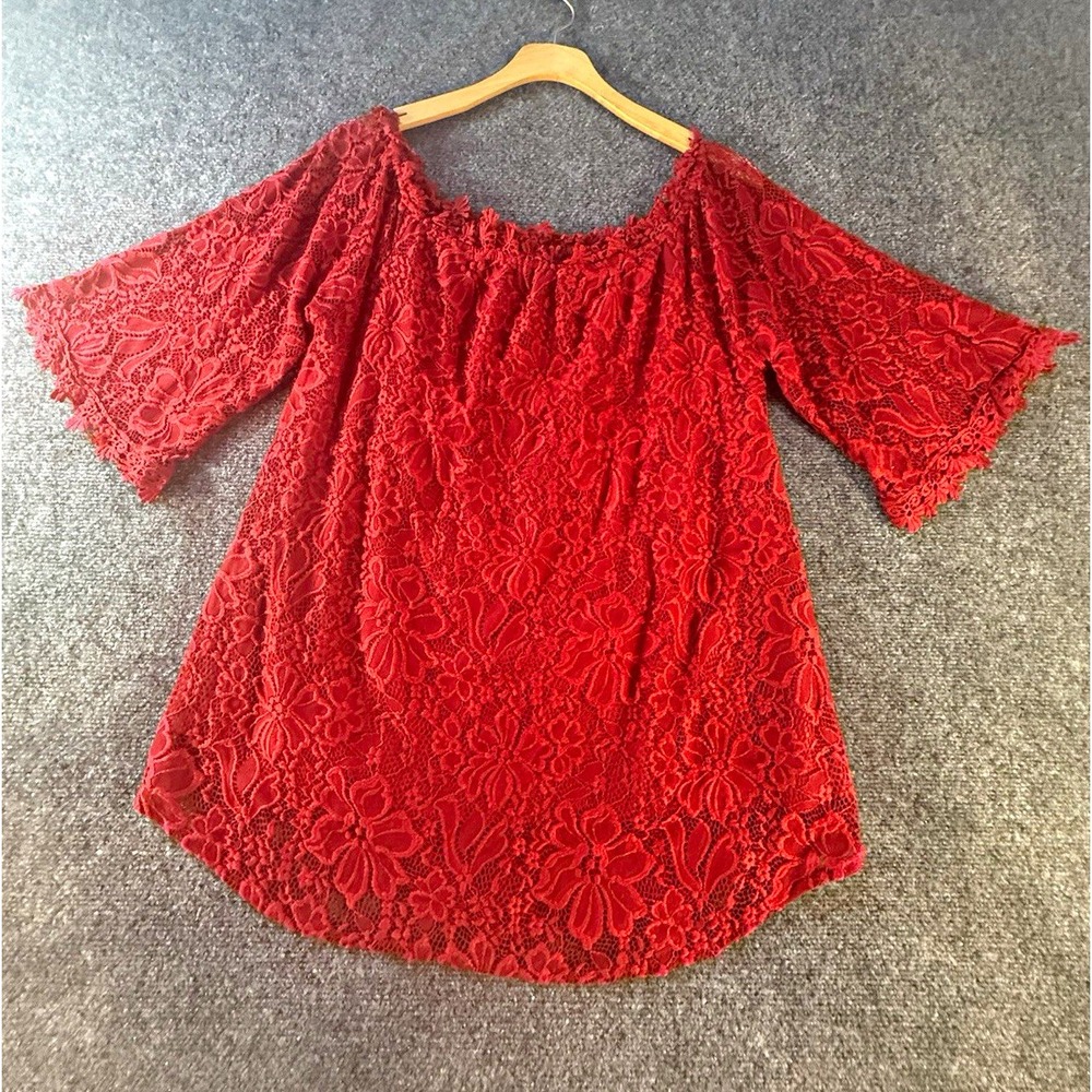 MIHOLL Women's XL Red Floral Lace Off Shoulder Blouse Bell Sleeve Lined